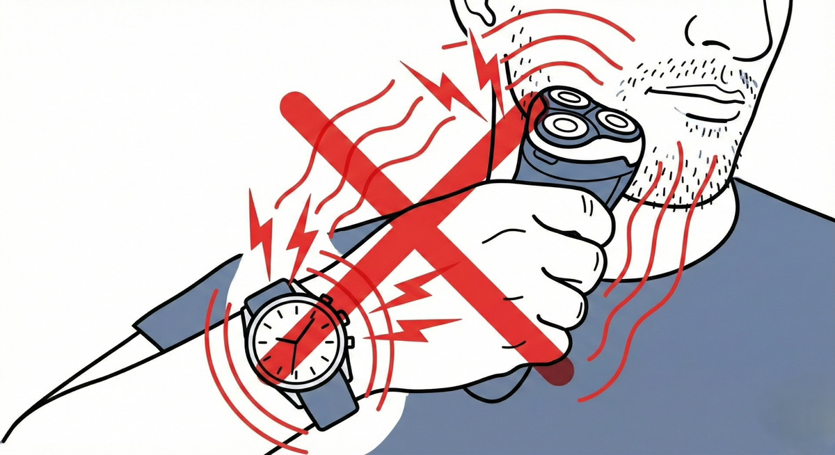 電気シェーバーで磁気帯びする腕時計のイラスト