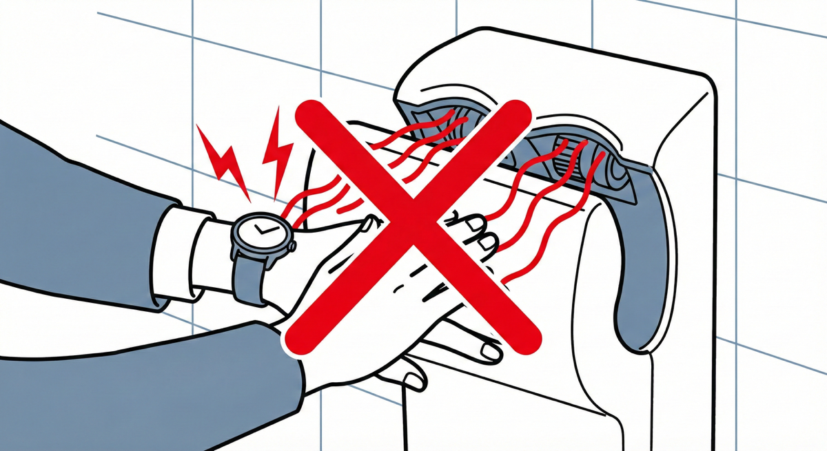 ハンドドライヤーで磁気帯びする腕時計のイラスト