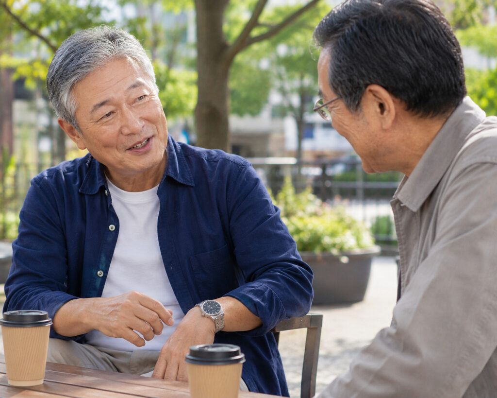 友人に腕時計を見せる男性