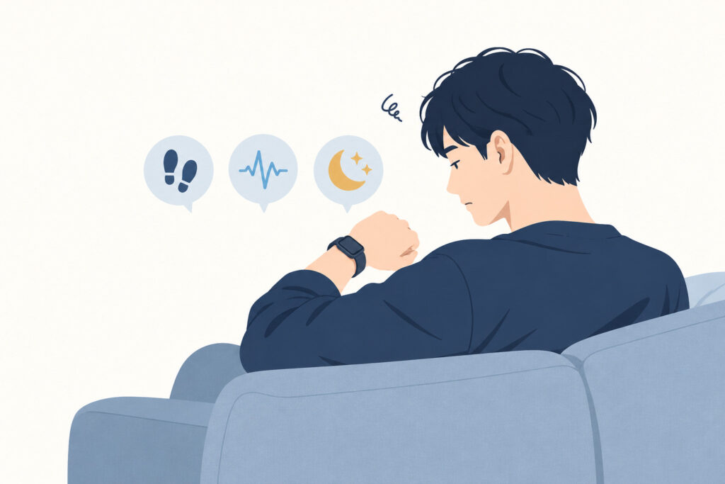 スマートウォッチの記録データが気になって疲れてしまう男性のイラスト