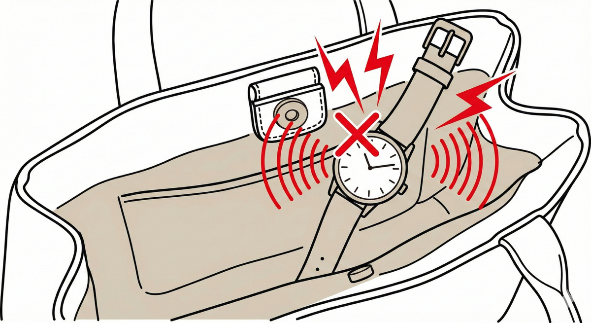 バッグのマグネットで磁気帯びする腕時計のイラスト