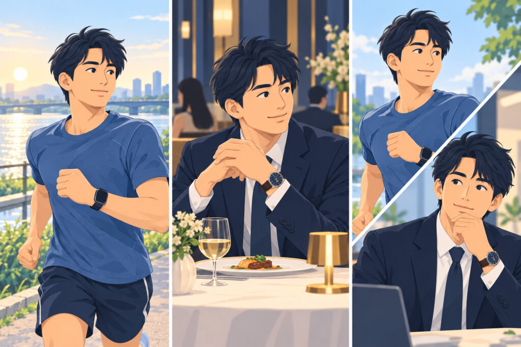 スマートウォッチが向いている人、腕時計が向いている人、両方持つ人を並べたイラスト
