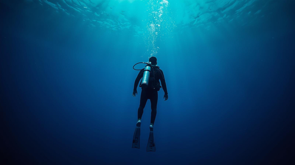 深海のダイバー。背中には酸素ボンベを背負った人