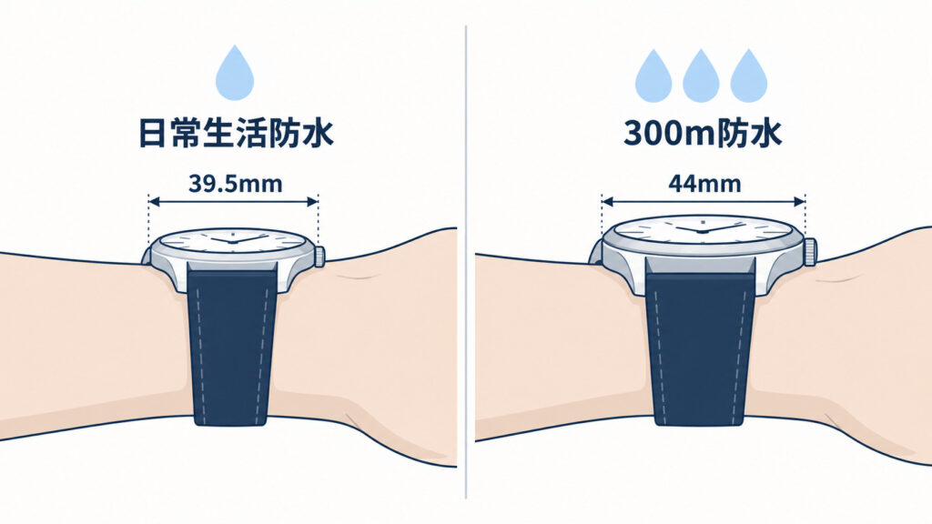 GMTウォッチの選び方:ケース径39.5mmの日常生活防水モデルと、44mmの300m防水モデルを同じ手首で比べたイメージ
