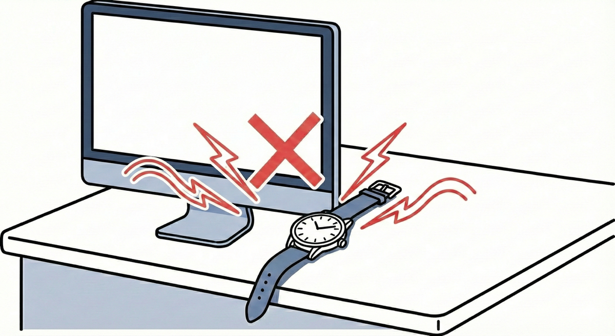 パソコンモニターで磁気帯びする腕時計のイラスト