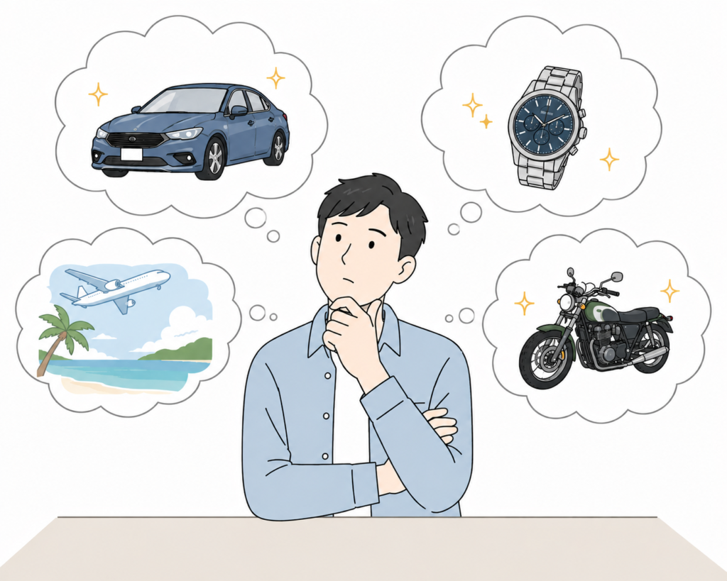ボーナスの使い道を考える男性のイラスト