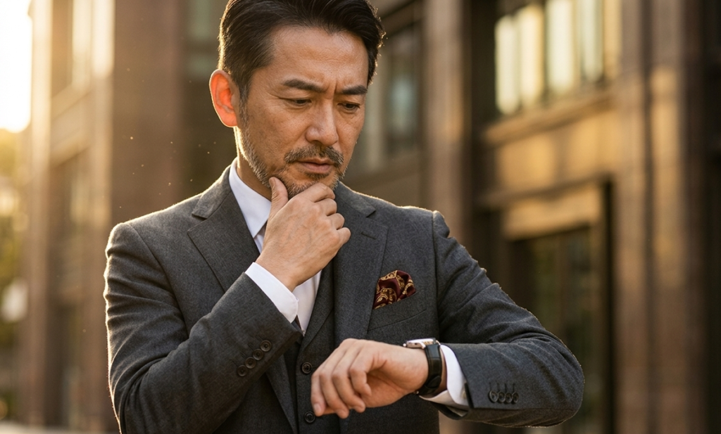 左手に腕時計を着用した男性